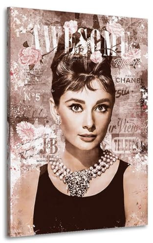 Kunstgestalten24 | Audrey Hepburn Awesome Bild Kunst Retro | Leinwand Bild | Wohnzimmer bilder | Wandbilder | Wanddeko | XXL Bilder auf Leinwand | Moderne Bilder | Hochwertige Kunstdrucke