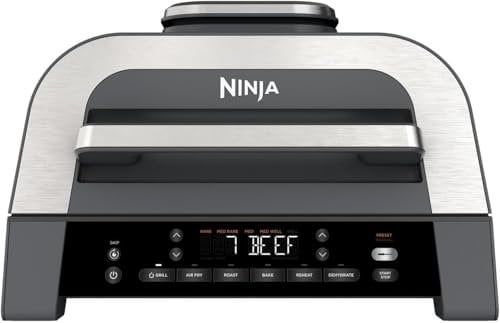 Ninja 6-in-1 MAX Indoor Grill & Air Fryer, 6 Cooking Functions, Make Up to 6 Burgers, 3.8L Capacity, Low Smoke, Includes Digital Meat Thermometer, Grey/Silver, DG551UK