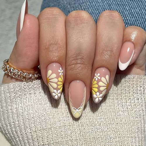 24Pcs Almond Press on Nails, French Tip Pink White False Nails with Flower, Full Cover Fake Nail with Glue, Summer Removable Stick On Nail, Acrylic Tips for Women Girls Nail Art