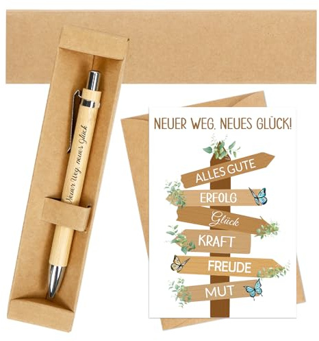 MorLuks Neuer Weg Neues Glück, Kugelschreiber mit Gravur + Abschiedskarte Kollegen + Geschenkbox, Abschiedsgeschenk Kollegen für Jobwechsel Rente Ruhestand Neuer Job Mutmacher