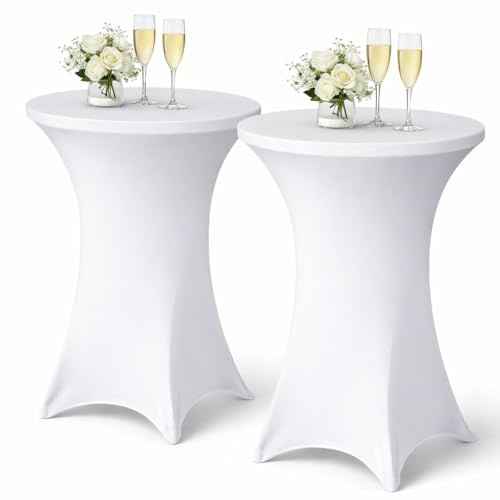 Cosmo Celebrations® Stretch Stehtischhussen, 2er-Set (Weiß, 80 × 110 cm) | Waschbar, Bügelfrei, Elastischer Stoff, Wiederverwendbar, Für Gastronomie & Events