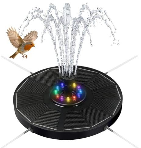 Solar Springbrunnen für Außen, Solarbrunnen für Draussen mit 8 Düse & 4 Fixer, Solar Teichpumpe 2000mAh Akku Solar Schwimmender Fontäne Pumpe für Garten, Teich, VogelBad, Wasserspiel, Fisch Behälter