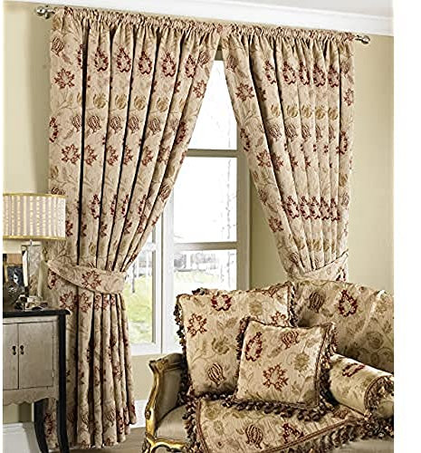 Paoletti Zurich Pencil Pleat Curtains (Pair), Champagne Cream, Floral Jacquard Design, Matching Tiebacks, Room Darkening, 100% Polyester, 168cm width x 183cm drop (66 x 72 inches)
