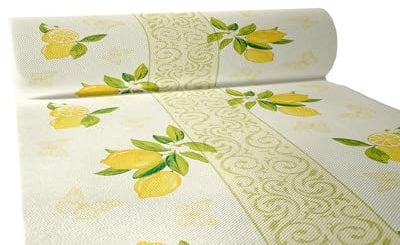 Sovie Horeca Linclass Airlaid Tischläufer Nancy Creme - 40cm x 24m - Einmal-Tischläufer Sommer - Perforierung alle 120cm - Mit Zitronen & Ornamenten