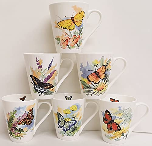 Butterflies & Flowers Mugs Set of 6 Fine Bone China Richmond 12oz 350 ml Cups Hand Decorated UK