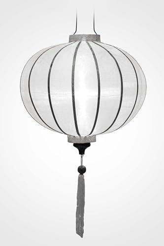 Asiatischer Lampion aus Seide, weiß, R Ø 38 cm – traditionelle Laterne aus Stoff, Bambus und Holz, handgefertigt – Handwerk und Dekoration aus Vietnam (R25-B)