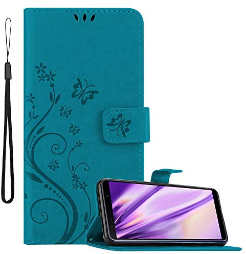 Cadorabo Hülle kompatibel mit Samsung Galaxy A7 2018 Blumen Design aus Kunst Leder Flip Klappbare Stoßfeste Magnetische [Standfunktion] [Kartenfächern] Cover Hülle für Galaxy A7 2018 Tasche in Blau