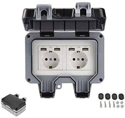 Toma de Corriente Exterior IP66 Conector USB con Doble Interruptor para Pared Enchufe con Tapa Abatible para Jardines al Aire Libre y Garajes (Doble)