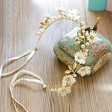 JIAHEY Haarband Blumenkranz Gänseblümchen Haarschmuck Hochzeit Gold Perlen Kristall Mit Band Haarreif Damen Kinder Braut