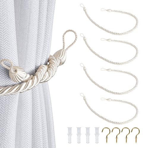 Dalababa 2 Paar Vorhang Raffhalter mit Haken Gardinen Holdbacks Vorhanghalter Seil Clips Polyester Tiebacks für Haus Office Kinderzimmer Fenster Zubehör,Weiß
