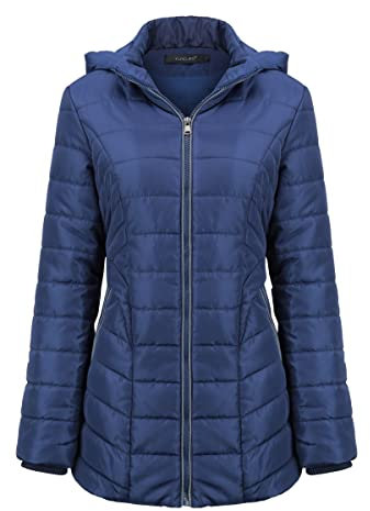 YUNCLOS Veste Femme d‘Hiver Doudoune Femme Matelassée Chaud Parka Mi-Long Blouson Manches Longues de Couleur Unie,Bleu marine,S