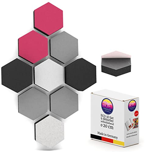 PolySound ECO Akustikpaneele selbstklebend - 9er Set 3D-Schaumstoff (3-10 cm), Hohe Schalldämmung (αw 0,9), Rückstandslos Ablösbar, Fabulous Fuchsia