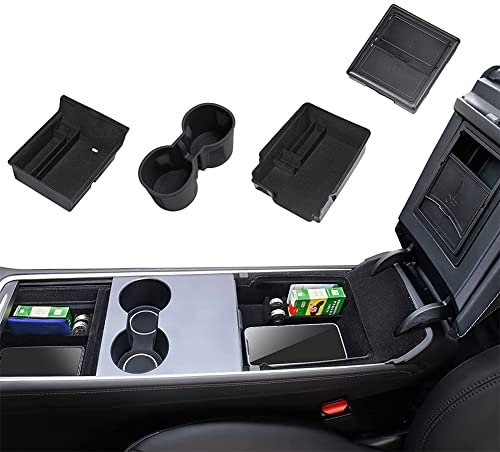 4PCS Flocked Center Console Organizer Trays Kit with Cup Holder,Armrest Hidden Drawer Storage Box for Tesla Model 3 Model Y 2023 2022 2021Accessories