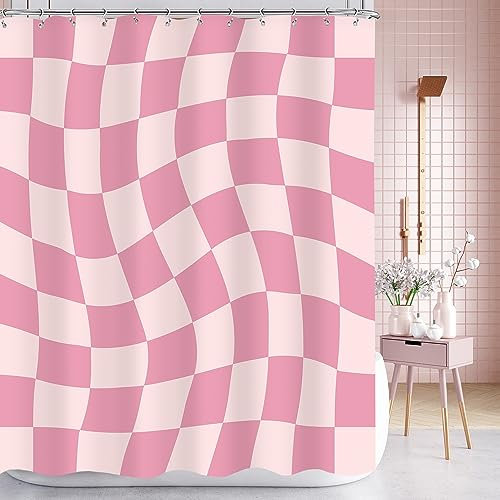 Omifly Rideau de douche en tissu imperméable avec 12 crochets en plastique, vintage, motif à carreaux groovy, moderne, décoration des années 70, rose et blanc, 183 x 183 cm