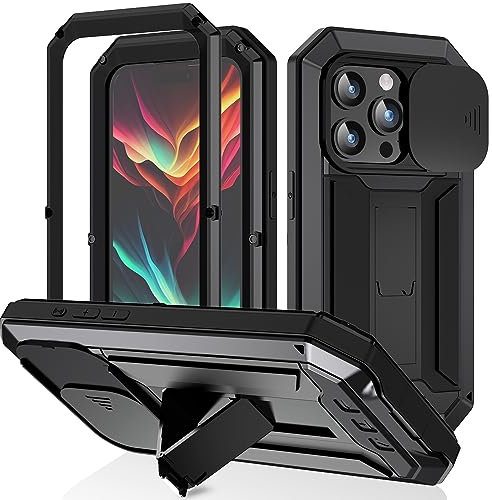 iPhone 15 Pro Case Built-In Tempered Glass & Lens Protection with Built-In Kickstand Black Aluminum Gorilla Case for iPhone 15 Pro High Impact Tough Protective Case.