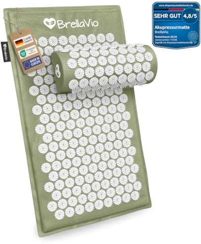 BrellaVio Akupressurmatte mit Kissen - Akkupunktur Massage Matte - Akupressur zur Entspannung für Rücken, Nacken, Schulter und Fuß - Akupunktur matte - Stachelmatte (Grün)