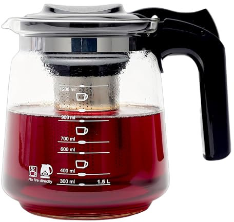 TYA I Premium Teekanne Glas, Hitzebeständig Glaskanne mit Deckel 1,5 Liter Teekanne mit Siebeinsatz Teekanne Thermo mit Edelstahl Filter Sieb, Tea Maker, Teekanne mit Sieb Tee Kanne Aus Glas (1500ml)