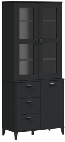vidaXL Highboard, Sideboard mit Stauraum, Kommode Schrank mit Glas-Türen, Anrichte Vitrinenschrank Hochschrank, Schwarz Massivholz Kiefer