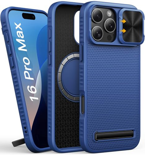 SIXBOX Coque pour iPhone 16 Pro Max avec Curseur de Protection de l'Appareil Photo, Support Intégré, Compatible MagSafe, Protection Militaire, en Silicone Fin