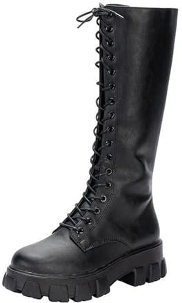 Generico Stivali Anfibi Donna Alti in Pelle Con Cerniera e Lacci - Comoda Chiusura, Fodera Calda, Eleganti Classici Invernali Platform Retro