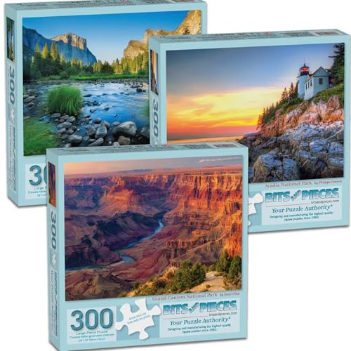 Bits and Pieces Value Set of 3-300 Piece Jigsaw Puzzles for Adults - National Park Puzzles - Grand Canyon, Yosemite, Acadia - Completed Sizes 18 x 24
