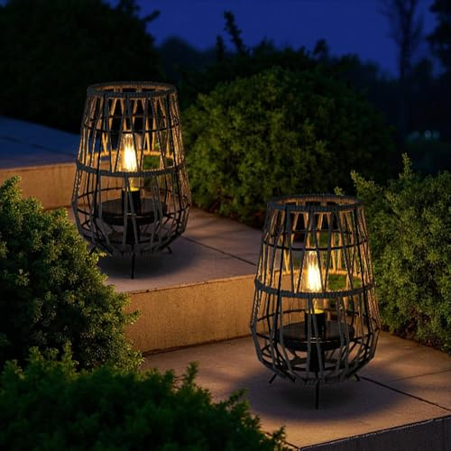 TRIROCKS Set of 2 Solar Lantern Outdoor Table Lamp Outside Hanging Solar Lights with Olifen Rope Waterproof Rattan Outside Deck Light for Patio Garden Lawn Yard (Grey)