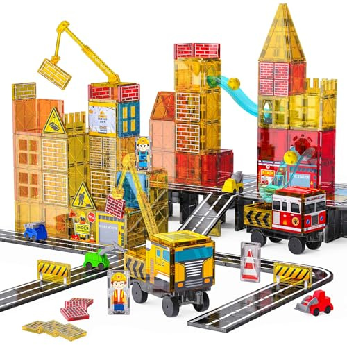 SKTMYY Magnetic Tiles Construction Toys with Road & Crane & Marble Run, Double-Sided Fire Station & Building Magnet Tiles for Kids Ages 4-8, STEM Magnetic Blocks Gifts for 3 4 5 6 7 8 Year Old Boys