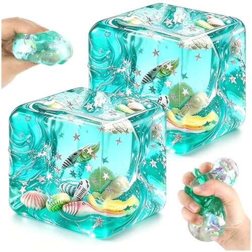2 Pack Squishy Cube Anti Stress, Cube Sensoriel Translucide avec Coquillages & Étoiles Flottants, Jouet Anti Stress Squishy Kawaii pour Enfant & Adulte, Stress & Anxiety Relief Fidget Toys (4.5 cm)