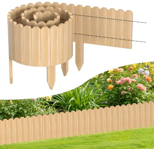 Monucep Bordure de jardin en bois 10 x 200 cm, Bordure de pelouse flexible en bois pour jardin, parterres de fleurs et pelouses, bordure de tonte, clôture à encastrer pour parterres de fleurs, naturel