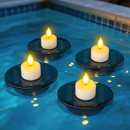 PChero Solar Schwimmende Poolbeleuchtung, 4er Set Solar Pond Licht IP68 Wasserdicht Teichbeleuchtung LED Teelichter Schwimmkerzen mit Lichtsensor für Pool Garten Terrasse Balkon Außen Deko
