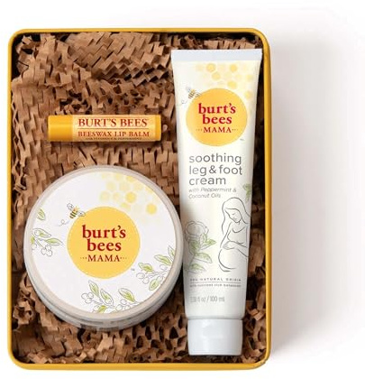Burts Bees Mama Bee Gift Set with Tin, 3 Pregnancy Skin Care Products - Leg & Foot Cream, Belly Butter and Original Beeswax Lip Balm