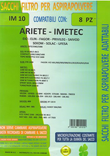 MFIM10 CONF 8 SACCHI BUSTE ARIETE -IMETEC - EIO - FAGOR - PRIVILEG - SAIVOD - SEKOM - SOLAC - UFESA - COMPATIBILE CON TUTTI I MODELLI INDICATI NELLA FOTO