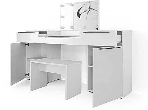 Vicco Schminktisch Lilli, Weiß Hochglanz, 190 cm mit LED Beleuchtung und Bank