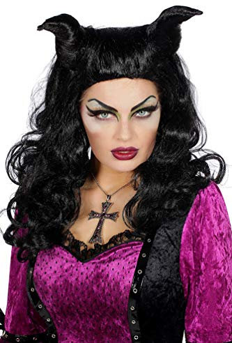 Karneval Klamotten Maleficent Hörner Horn Perücke Damen Demona Horror Halloweenperücke schwarz Damenperücke