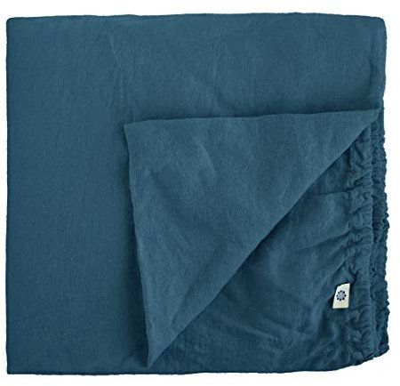 Linen & Cotton Weicher Griff Spannbettlaken Spannbetttuch Bettlaken mit Gummizug Alicia - 100% Leinen Gewaschen, Petrol Blau (180 x 200 cm) Laken Leintuch Betttuch Bettwäsche Bett Doppelbett Sommer