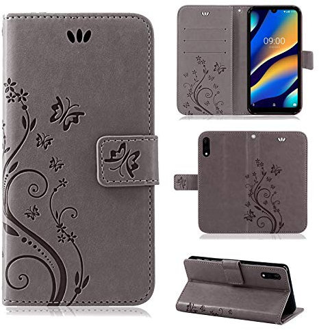 betterfon Hülle Kompatibel mit Wiko View 3 Lite | Premium PU Leder Handyhülle Wallet Case | Schutzhülle Blumen Klapphülle Handyhülle | Grau