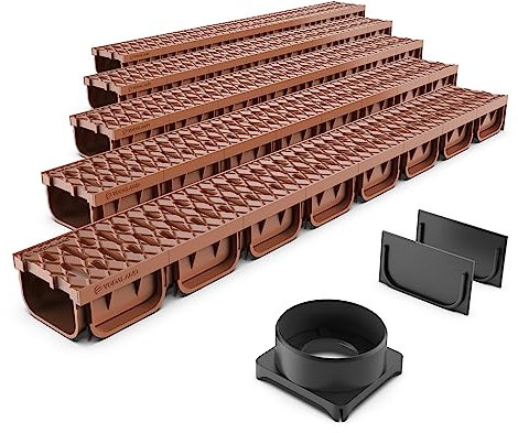 VODALAND EASY 2 - Canaleta de Desagüe con Rejilla de Plástico Terracota | Kit de 5 Metros para Drenaje en Jardines, Aguas Pluviales y Terrazas | Resistente, Fácil de Instalar|Drenaje Exterior