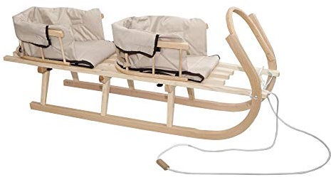 Schlitten Duo aus Holz Holzschlitten für Zwei Kinder mit Zwei Rückenlehne Rodelschlitten Davoser Schlitten aus Holz mit einem Sicherheitsgurt, Rückenlehne, Matratze für Kinder und Erwachsene (Beige)