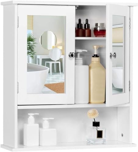 Yaheetech Armario de Baño con Espejo Armario de Pared con 2 Puertas 58x56x13cm Gabinete de Almacenaje para Colgar con 3 Niveles para Cocina Salón