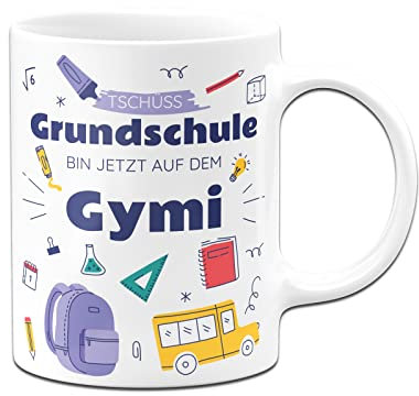 Tassenbrennerei Schulwechsel Tasse mit Spruch Tschüss Grundschule Bin jetzt auf dem Gymi - Geschenk zur Einschulung 5. Klasse aufs Gymnasium (Weiß)