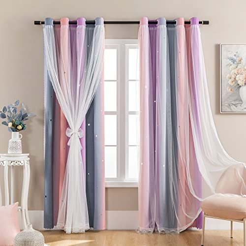 XiDi Traumstern Verdunkelungsvorhang für Kinderzimmer und Mädchenzimmer, Prinzessinnen-Vorhang für das Schlafzimmer der Tochter, Fensterdeko in Grau, Pink und Lila, 132 x 160 cm