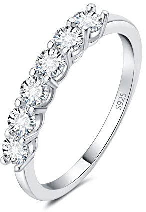 JewelryPalace Modeschmuck Klassisch 6 Stein 1.5mm 0.6ct Moissanite Band Ring Damen, Hochzeitsringe Damenring Silber 925 Trauringe Eheringe Frauen, Vorsteckring Halb Eternity Ring Bandring Schmal 54