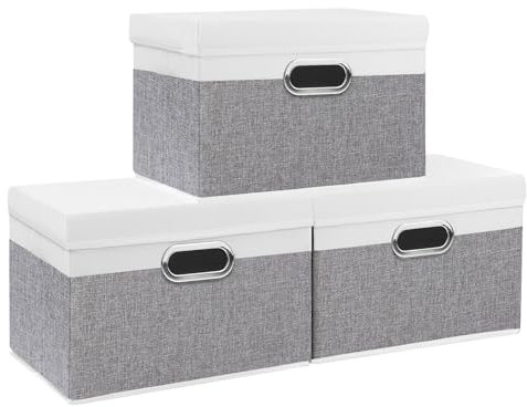 Yawinhe Collapsible Storage Box 3 Pack, Fabric Clothing Shelf Basket with Lid, for Organizing Home, 38x25x25cm, White/Grey, SNK023WGL-3