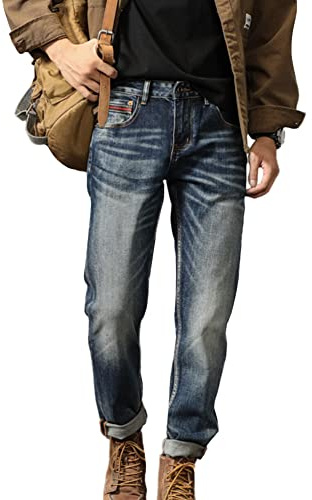 GUOCU Homme Vintage Jeans Coupe Droite Slim Fit Denim Pantalon Jeans Coupe Carotte Stretch Pantalon Denim Délavé Tendance Casual Trousers en Denim