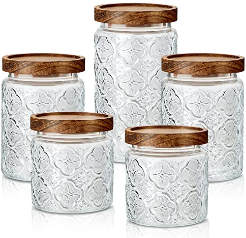 Gerrii 5 Pcs Begonia Pattern Round Vintage Glass Food Storage Containers 17/24/34 oz Glass Jar with Lid Airtight Candy Jar Food Canisters for Kitchen Counter Pantry Coffee Tea Beans
