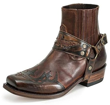 Västerländska ankelboots för män, spänne, rem, retrostövlar, läder, fyrkantig tå, cowboy, korta stövlar, cowboy, motorcykelstövlar, Mörkbrun, 39 EU