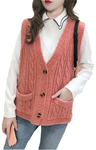 Ownwfeat Gilet Femme Pull Col V Cardigan Laine Tricoté Gilet sans Manches