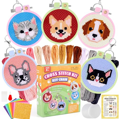 Caydo 5er-Pack Kreuzstich-Sets für Kinder mit Katzen- und Hundemotiven, gestempelte Kreuzstich-Sets für Anfänger, DIY-Schlüsselanhänger, Rucksack-Anhänger, Bastelornamente