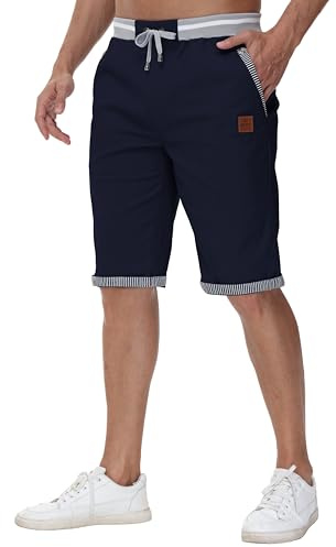 Djtnzdm Shorts Homme Coton D'été Bermuda Cargo Shorts de Sport Travail Homme avec Cordon de Serrage Casual Pantacourt de Golf Homme(Bleu Marine-M)