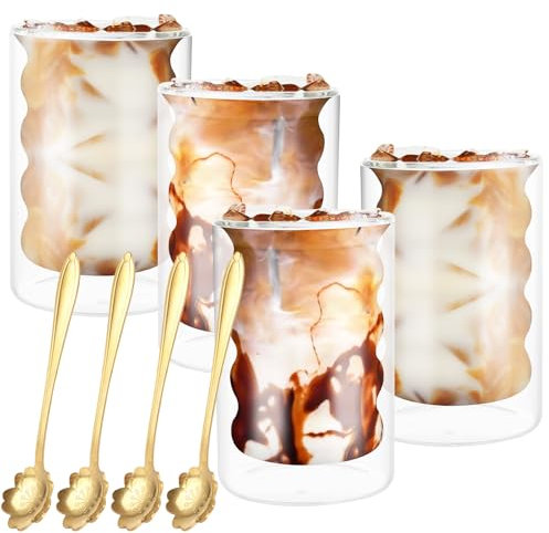 ZOFUN 4 Pcs Double Walled Glass Mugs, 8 x 12 cm Latte Mugs with Spoon, 330 ml Latte Glasses Heat Insulated, Borosilicate Glass Coffee Glasses for Coffee Tea Milk Juice Ice Cream